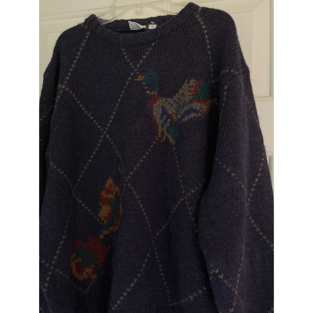 Vintage 100% Wool Argyle Sweater With Duck‎ Mallard Navy Blue Hong Kong - Picture 4 of 9